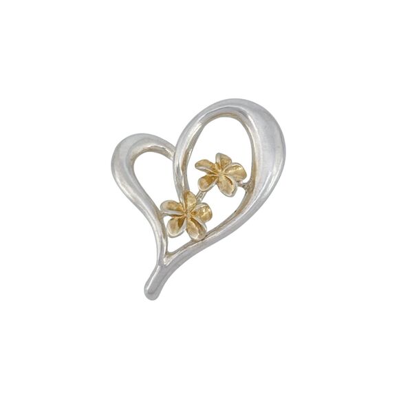 Open Heart Pendant with Gold Tone Flowers | Vintage Sterling Silver 925 - Picture 2 of 6